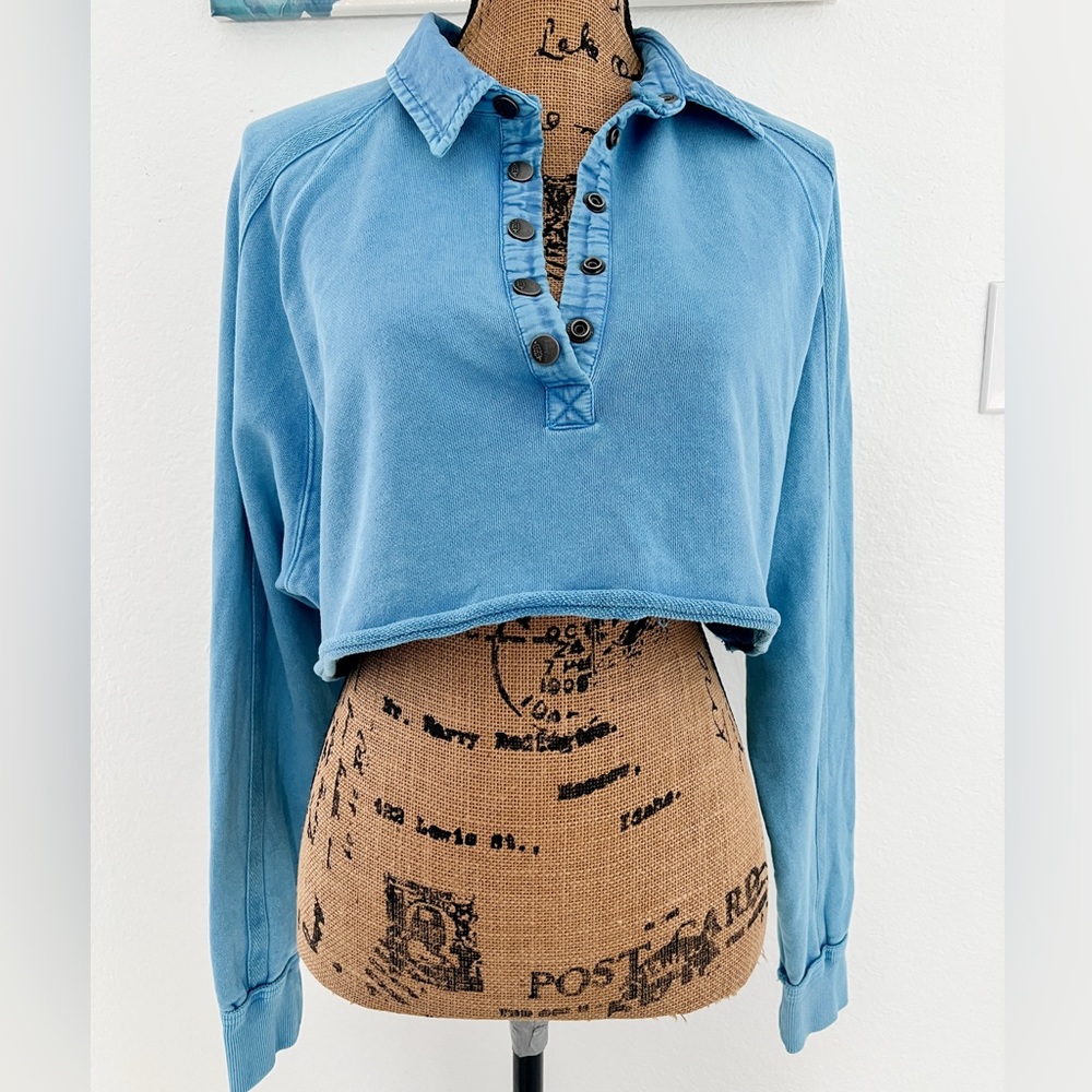 FP Movement by Free People Washed Light Blue Cropped Button-Up Pullover
